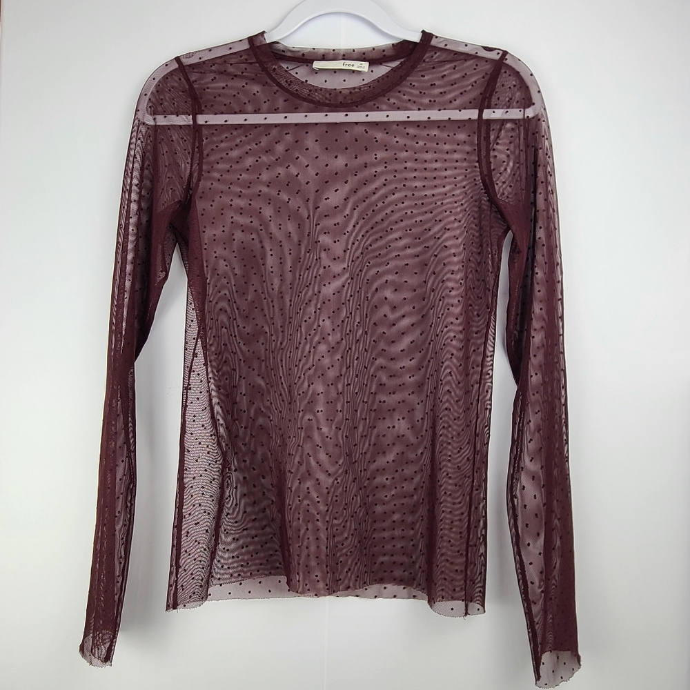 O1. Wilfred Free maroon Kristen mesh crewneck long sleeve sheer polka dot shirt